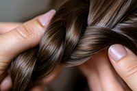 Close-up of hands braiding dark brown shiny hair strands showing hairstyling technique and healthy hair texture. Professional haircare and styling concept.