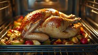 Golden roasted whole turkey with crispy skin surrounded by colorful root vegetables and potatoes in oven, traditional holiday dinner preparation.