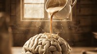 Young adult male, Caucasian, pouring golden liquid onto a brain model in a rustic studio setting with warm sunlight streaming through a window, symbolizing knowledge transfer and intellectual nourishment.