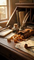 Vintage writer's desk with leather pouch spilling amber dice, inkwell, quill feathers, aged books, and manuscript pages by sunlit window. Perfect for fantasy, literature, and creative writing projects.