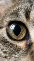 Extreme macro closeup of a tabby cat eye with golden green iris and vertical slit pupil, showcasing feline detail and texture.