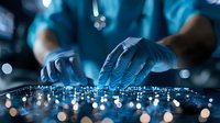 Medical professional in blue gloves working with advanced technology interface, illuminated by blue light with bokeh effect, showing modern healthcare innovation.