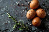 Fresh brown eggs with rosemary sprig and black pepper scattered on dark stone background, moody food photography composition for farm products.
