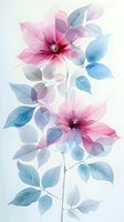 Delicate pink flowers with blue leaves in watercolor style on white background, soft transparent petals create dreamy botanical art suitable for wall decor.