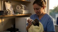 Young Caucasian female veterinarian in blue scrubs gently holds a tiny tabby kitten wrapped in a towel at a veterinary clinic.