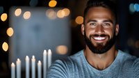 Handsome bearded man with bright smile against blurred bokeh lights and candles background, creating warm festive atmosphere.