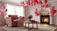 Cozy living room decorated with pink and red heart balloons for Valentine's Day celebration with fireplace and comfortable armchair.