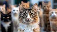 Group of diverse cats with focus on brown tabby maine coon mix in foreground, others blurred in background showing different breeds and colors. Feline portrait composition.