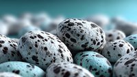 Speckled quail eggs with distinctive brown spots on light blue shells against turquoise background, natural food ingredient for gourmet cooking.