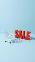 Mini white shopping cart beside bold red sale letters on a light blue background, conveying retail discount and shopping promotion concept.