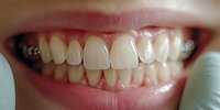 Close-up of healthy teeth with dental braces, showing orthodontic treatment progress in a young adult patient. Useful for dental care and orthodontics.