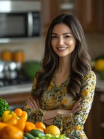 Young Hispanic woman smiling in modern kitchen with fresh fruits and vegetables, arms crossed, wearing floral blouse for healthy cooking and lifestyle content.