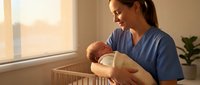 Caucasian female nurse in blue scrubs gently holding newborn baby in hospital nursery room with warm natural lighting and wooden crib background.