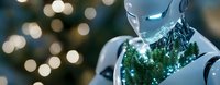 Futuristic android with glowing translucent chest cavity containing illuminated green foliage against blurred bokeh lights background, representing artificial intelligence and nature fusion.