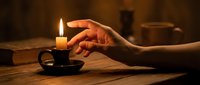 Hand protecting burning candle flame on wooden table in warm atmospheric lighting creating cozy intimate mood for relaxation meditation or romantic setting.