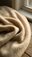 Folded beige wool blanket on wooden floor near window with natural sunlight, soft textile for home decor, bedding, and interior design projects.