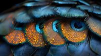 Vibrant peacock feather macro with glowing golden sparkles and blue eyespots, showing detailed texture and iridescent patterns in dramatic lighting.