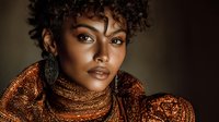 Young African American woman with curly hair wearing ornate bronze metallic makeup and jewelry in dramatic portrait lighting for beauty and fashion concepts.