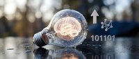 Young adult male with light skin tone lying horizontally inside glowing lightbulb with brain illustration, binary code and upward arrow symbolizing innovation and growth for business concepts.