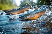 Wild salmon jumping upstream in crystal clear water with splashing droplets and dynamic motion capture, dramatic nature photography in vibrant colors.