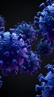 Blue and purple coronavirus particles with spike proteins on dark background for medical research, healthcare education and scientific presentations.