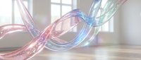 Abstract flowing ribbons with rainbow gradient colors floating in bright modern interior space with natural window light creating ethereal digital art composition.