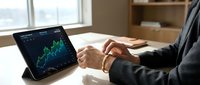Young adult male professional in business attire analyzing stock market charts on tablet device at office desk, monitoring financial data and investment trends for trading decisions.