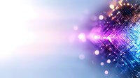 Glowing digital particles with bokeh effect on gradient background from purple to blue, abstract technology concept for modern business presentations.
