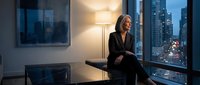 Mature woman in business attire sitting by window in modern high-rise office at dusk, city skyline visible, contemplative mood, suitable for corporate and professional themes.