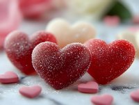 Red and white heart-shaped candies with sugar coating, surrounded by small pink hearts and flowers. Romantic confectionery arrangement for Valentine's Day, love celebrations, and sweet gift concepts.