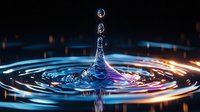 Macro photography of water drop collision creating crown splash formation with colorful blue and orange light reflections on rippled surface against dark background.