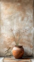 Minimalist still life with delicate red wildflowers in traditional terracotta pot against textured beige wall, perfect for rustic home decor, interior design, and natural aesthetic projects.
