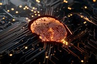 Glowing copper brain shape on dark circuit board with illuminated pathways and connections, representing artificial intelligence and neural networks.