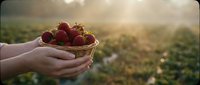 Fresh ripe strawberries in hands at sunset farm field with golden light creating warm agricultural harvest scene for organic farming and healthy eating.