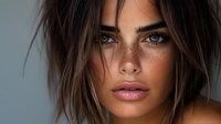 Young woman with freckles, blue eyes and natural makeup in close up portrait against light background. Messy dark hair frames face with glowing skin.