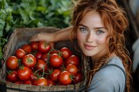 Young redhead woman with freckles holding wooden crate full of fresh ripe tomatoes, natural light portrait in rustic garden setting, farm to table concept.