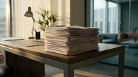 Large stack of documents and papers on wooden desk in modern office workspace with natural lighting and professional atmosphere.