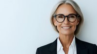 Confident mature businesswoman with gray hair wearing black blazer, white shirt and glasses smiling at camera against light background. Professional corporate portrait.