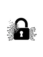 Digital padlock with circuit board connections and pixelated elements on white background for cybersecurity and data protection concepts.