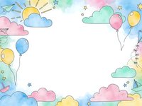Watercolor frame with pastel clouds, balloons, sun and stars on white background. Childlike border for baby shower, birthday party invitations and greeting cards.