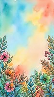 Colorful watercolor floral border with pastel blooms, leaves, and berries on a soft rainbow background, perfect for cards and social media.