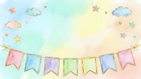 Pastel watercolor background with hanging bunting flags and scattered stars, suitable for baby shower, birthday party, nursery decor, greeting cards.