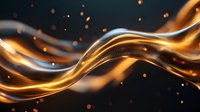 Glowing golden waves with sparkling particles flow on dark background creating dynamic light trails and smooth energy motion effect.