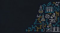 Scientific laboratory equipment and molecular structures in colorful line art style on dark background for educational and research presentations.