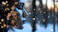 Female profile silhouette with glowing golden particles against winter forest background, magical atmosphere with bokeh lights and falling snow.
