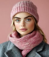 Young woman wearing pink knitted winter hat and scarf with gray coat against pink background, showcasing seasonal fashion and natural makeup look.