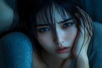 Young Asian woman with wet hair and freckles in dramatic blue lighting looking intensely at camera, creating moody atmospheric portrait.