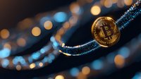 Golden bitcoin coin on dark background with blue bokeh lights and glitter effects creating magical cryptocurrency finance atmosphere.