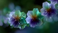 Luminous flowers with ethereal glow against dark background, featuring delicate petals in purple and turquoise tones with magical sparkles and dreamy bokeh effect.