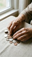 Senior adult with wrinkled hands counting coins on a table by a window, representing financial planning, savings, retirement budgeting, and money management for older demographics.